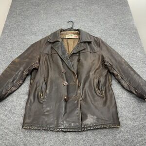 Vintage US 740N Pea Jacket Mens Brown Leather Double Breasted Military Style